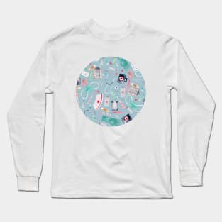 Medical Pattern | Doctor | Nurse | Watercolor | Blue Long Sleeve T-Shirt